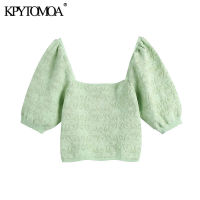 KPYTOMOA Women 2021 Fashion Jacquard Cropped Knitted Sweater Vintage Square Collar Puff Sleeve Female Pullovers Chic Tops