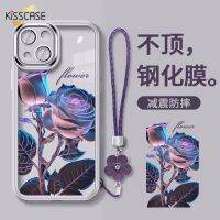 KISSCASE เคสโทรศัพท์แบบใสกุหลาบสีม่วงสำหรับ Iphone 11 12 13 14 Pro Max Plus เคสเลนส์กล้องถ่ายรูปการป้องกันแบบเต็มรูปแบบ13Promax Ins เคสแบบแฟชั่น12Pro กรอบซองนุ่มกันกระแทก