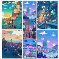 Pixel Modular อะนิเมะการ์ตูนภาพวาดผ้าใบที่มีสีสัน Wall Art Street ฉากพิมพ์โปสเตอร์สำหรับ Home Living ตกแต่งห้องนอน