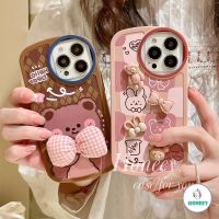 HF 3D โบว์สีชมพูปมหมีสีน้ำตาลกระต่าย Cony เคสโทรศัพท์คู่สำหรับ IPhone 13 12 11 Pro Max X XS XR 8 7 Plus รูปไข่เลนส์ป้องกันซอฟท์เคส TPU