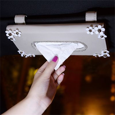 1 Pcs Car Crystal Paper Box with Chrysanthemum Crystal Tissue Box Interior Decoration Accessories for Sun Visor Type