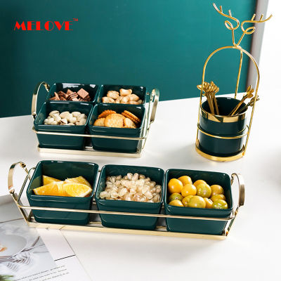 Separated Fruit Plate Iron Ceramic Plate Dried Fruit Snack Dessert Platter Household Tableware Storage Tray Kitchen Accessories