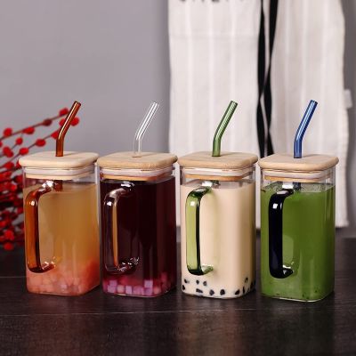 ■ 400ML Creative Square Straw Mug Modern Fashion Juice Cup With Handle Bamboo Lid Cold Drink Mug Single Layer Glass Milk Cup