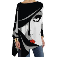 Plus Size White-Black Abstract Vintage Tops Women Loose Crew Neck Cotton Casual Shirts Long Sleeve Irregular T-shirt Print