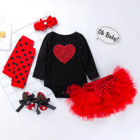 Fashion Baby Girl Long sleeve Bodysuit Ladybird Print Clothes Ruffle Tutu Skirt Polka Dots Leg Warmer 3 Pcs Headband Clothes Set