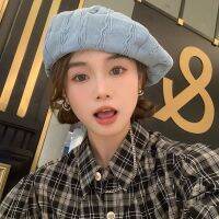 Y2K ผู้หญิง Niche จีบ Denim Beret เส้นรอบวงหัวใหญ่จิตรกรญี่ปุ่น Cloud หมวกล้าง Denim Berets