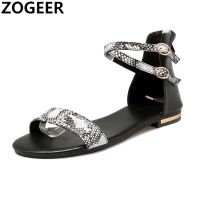 【CW】 Sandals Leather Flat Shoes Woman Flip Flops Snake Print Gladiator Shoe