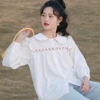 Mori Girl Spring Autumn Women White Shirt Peter Pan Collar Floral Embroidery Oversized Blouse Ruffles Cute Kawaii Cotton Blusa