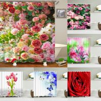 Rurality Fresh Flowers Wall Shower Curtains Bathroom Shower Curtain 3D Fabric Bath Curtain with Hooks Waterproof Bath Sc