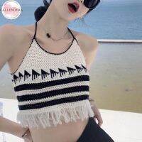 ผู้หญิงถัก Cropped Tops แฟชั่นฤดูร้อน Halter Vest พู่ Contrasting สี Jacquard Design Tops