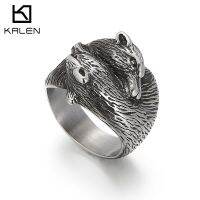 Kalen แหวนสแตนเลสหมาป่าไวกิ้งผู้ชายสไตล์นอร์ดิก,Size8-12เครื่องเพชรพลอยสัตว์พังก์