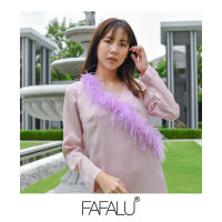 [FAFALU Luna Dress] Pink Luna Dress เดรสทรงตรงยาวสีชมพู คลุมเข่า ผ่าข้าง แขนยาว แต่งด้วยขนนก