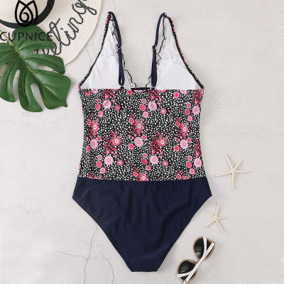 One Piece Swimwear Women Polyester Print Frill Detail V Neck Padded Color Block Swimsuit