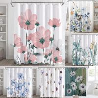 Watercolor Blue Flower Shower Curtain Small Daisies Bathroom Curtain Elegant Leaf Bathroom Waterproof Fabric Trim With Hooks