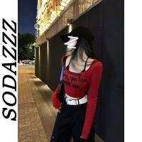 SODAZZZ อเมริกัน Street หวานสาวร้อนเสื้อยืดแขนยาวสีแดงผู้หญิงฤดูใบไม้ผลิและฤดูใบไม้ร่วงสั้นเอวสูง Bottoming เสื้อด้านบน