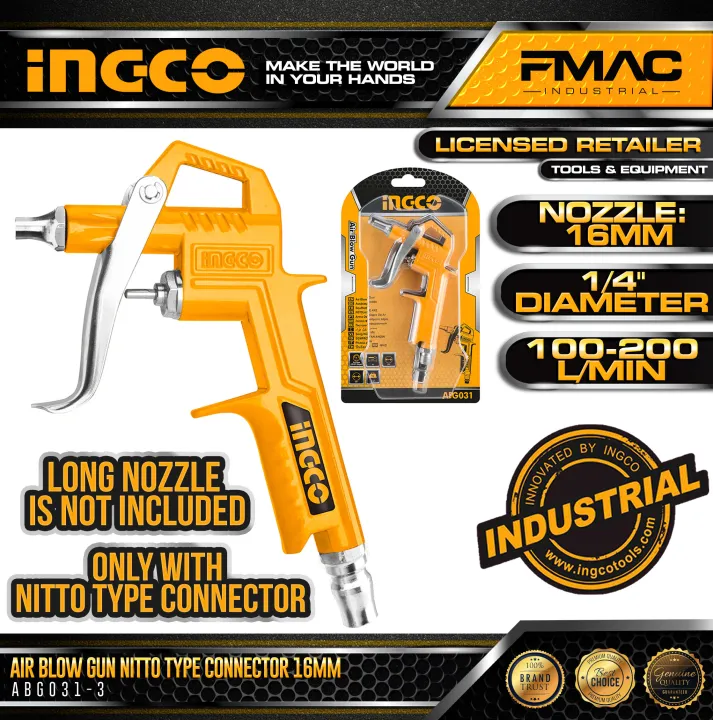 INGCO Industrial Air Blow Gun NITTO Type Connector 16mm 1/4" Diameter