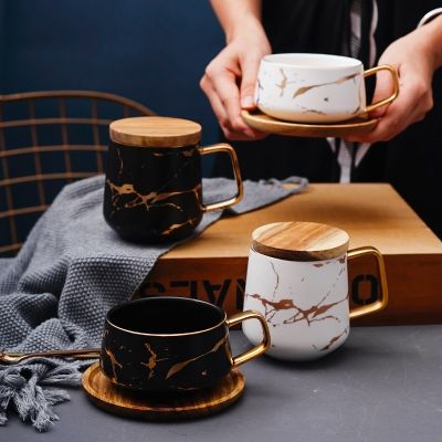 ♂﹍  ins gold-painted ceramic cup marble mug with lid creative coffee and saucer cross-border