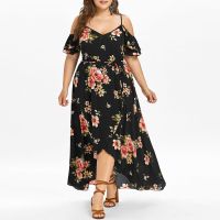 Women Plus Size Off Shoulder Boho Floral Printed Long Maxi Dress