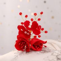 Bride Hair Clips Classic Chinese Red Flowerhair Jewelry Women Hairpin Bride Toasting Clothing Wedding Jewelry Hair Ornament