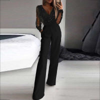 Womens Rompers Solid V-Neck Mesh Sequins Gold Powder Long Sleeve Jumpsuits Rompers Women Playsuits Summer Office Overalls