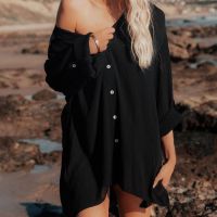 Women Blouses Turn-down Collar New Web Celebrity Languid Is Lazy Beach Blouse Long Loose Shirt Chiffon Shirt Cardigan Beach Jacket Vacation Sun Protection Clothes Bikini Cover Up