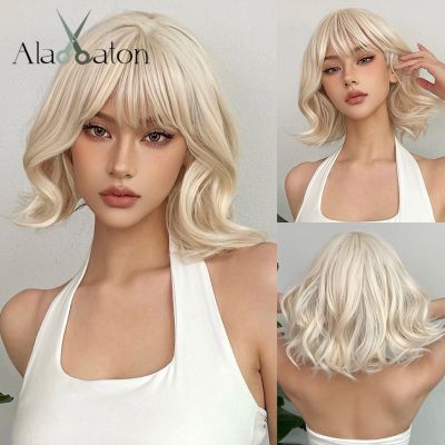 【jw】❅  ALAN EATON Short Bob Hair Wig Blonde Synthetic Wigs with Bangs for Resistant