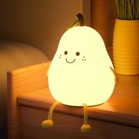 ◆ஐ﹉ LED Pear Fruit Night Light Dimming Silicone Table Lamp Bedroom Bedside Decoration with 7-Color and Timer USB Rechargeable