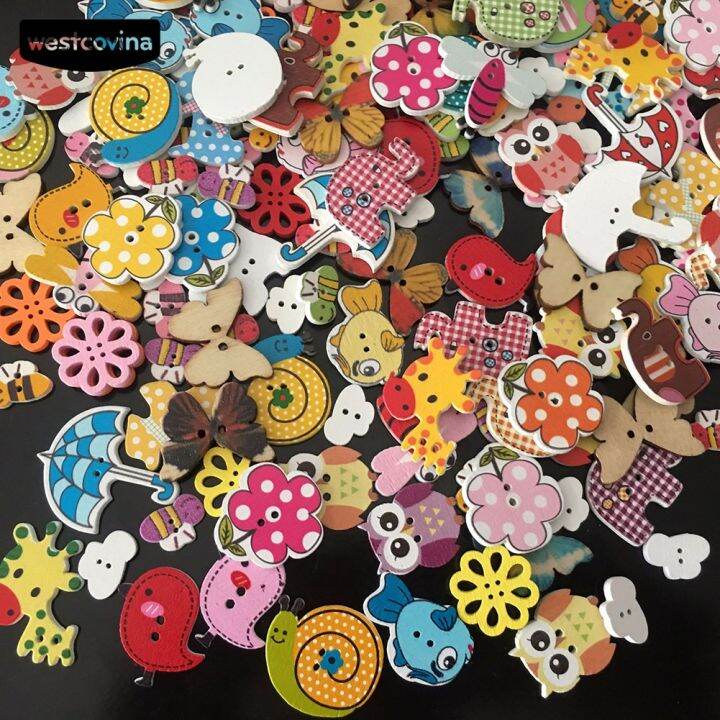 westcovina-50pcs-cartoon-flower-owl-elephant-shape-wooden-buttons-sewing-scrapbooking-tool