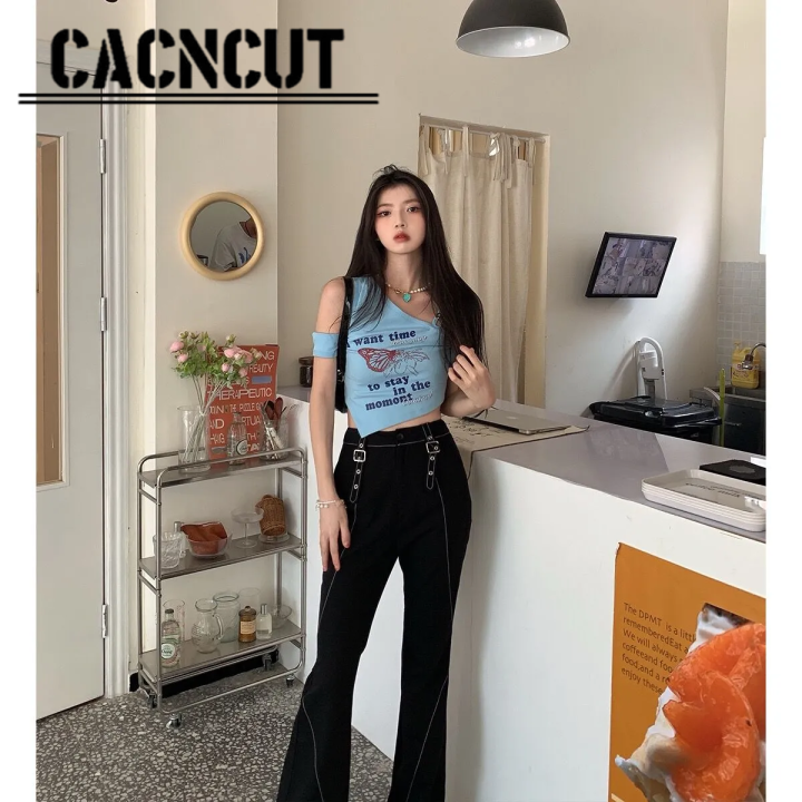 cacncut-เสื้อเสื้อยืดคอกลมผู้หญิงสำหรับนักเรียนหญิง-เสื้อเปิดไหล่สั้นเปิดไหล่แบบอเมริกัน