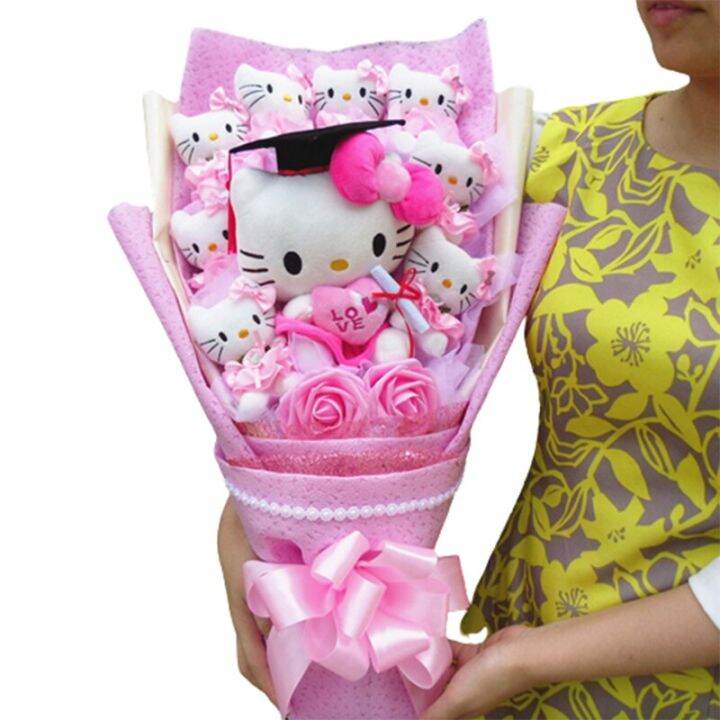 ช่อดอกไม้-topi-wisuda-sanrio-hello-kitty-ตุ๊กตาหมวกรับปริญญา-boneka-mainan-น่ารักช่อโฟมดอกกุหลาบของขวัญสำเร็จการศึกษา