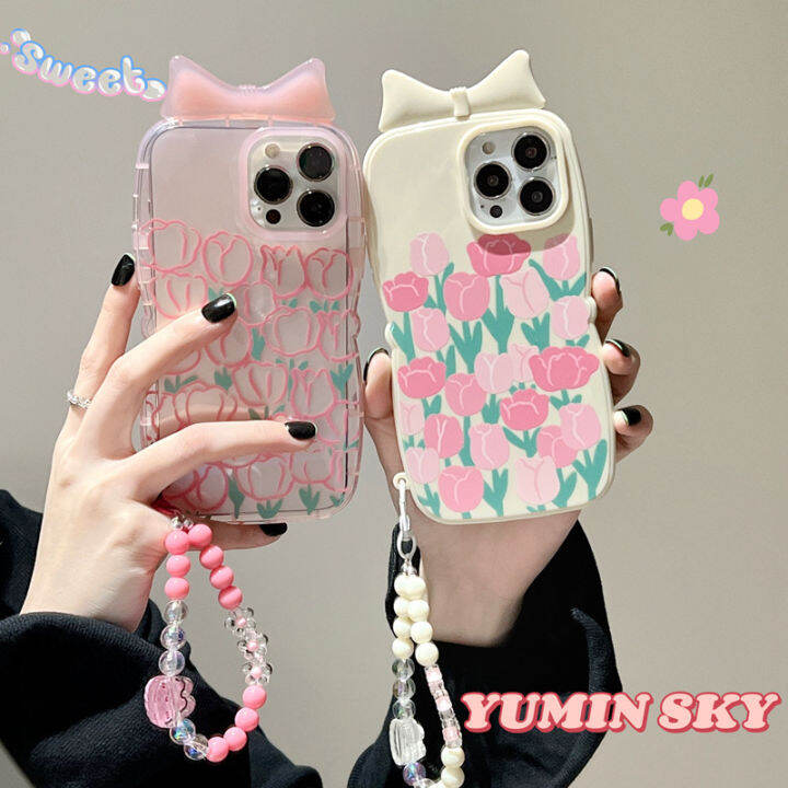 tulip-bow-เคสโทรศัพท์มือถือสำหรับ-iphone12promax-ห่วงโซ่โทรศัพท์มือถือน่ารักสำหรับ-iphone13-ดอกไม้สีชมพูเคสโทรศัพท์ป้องกันการตกสำหรับ-iphone11-สร้อยข้อมือ-iphonexs-หญิง