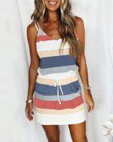 2023 Summer Womens Suspender Loose Print Stripe Vest Dress Womens New Sleeveless V-neck Casual Pocket Mini Dress Платье Миди