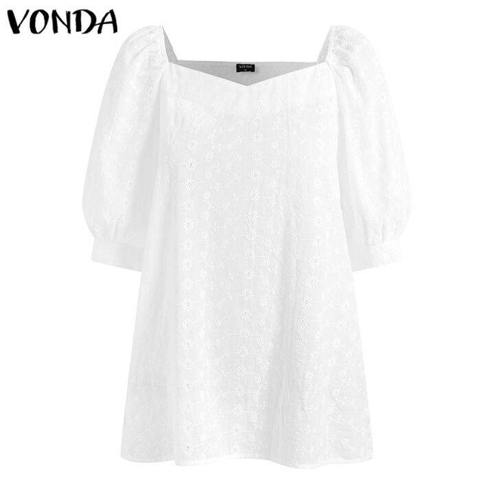 vonda-เสื้อเบลาส์-คอวี-แขนสั้น-ปักลาย-สีขาว-สไตล์เกาหลี-สําหรับผู้หญิง-5211034