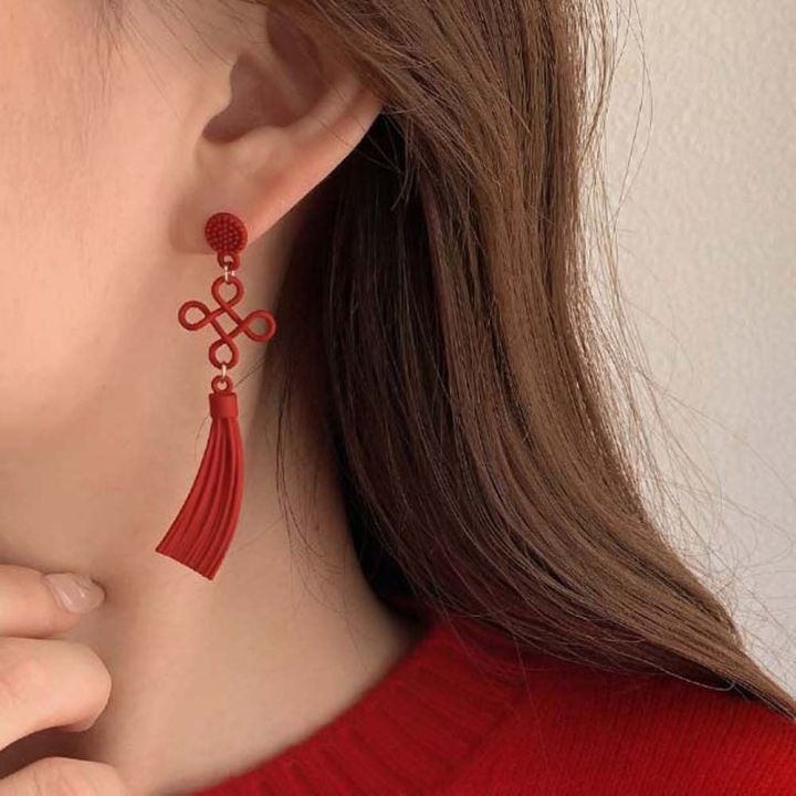 ต่างหูที่แขวนแฟชั่น-lzvast-ต่างหูจีนผูกปมเครื่องประดับอัญมณีจีนต่างหูต่างหูผู้หญิงตะขอเกี่ยวหูวันตรุษจีน