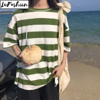 เสื้อยืดลำลองแขนสั้นลายทางแฟชั่นหลวม LuFashion ฤดูร้อน