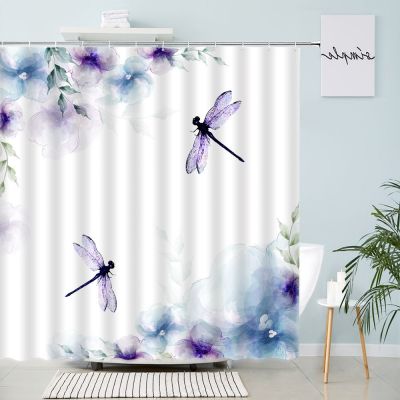 Abstract Blue Purple Floral Dragonfly Shower Curtains Watercolor Art Flowers Green Leaves Plant Creative Design Bathroom Decor
