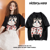 CODVICTORY&amp;VERA ยุโรปและอเมริกา Retro High Street Cat พิมพ์เสื้อยืดแขนสั้นผู้หญิงหลวมครึ่งแขนรอบคอน้ำด้านบน