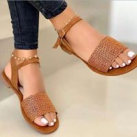 【CW】Summer Womens Sandals Weaved Ankle Strap Ladies Flats Shoes Buckle Square Heels Female Footwear Casual Woman Shoes Plus Size 43