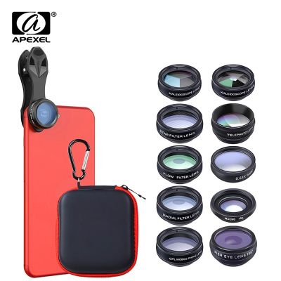 【CW】 APEXEL 10 in 1 Phone camera Lens Kit Fisheye Wide Angle macro CPL Filter Kaleidoscope and 2X telescope for smartphones