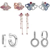 【NOV】 925 Sterling Silver Earring Blue amp; Pink Fan Statement pandora Earrings For Women Wedding Party Fashion Jewelry