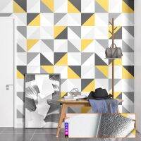 ☽ Peel and Stick Removable Gray Yellow Bedroom Wall Paper Nordic Triangles Geometric Modern Geo Print Self-adhesive Wallpaper Roll