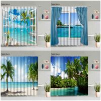 Coconut Trees Ocean Shower Curtain Dolphin Bird Beach Palm Natural Scenery Fabric Home Decor Bathroom Curtains Sets with Hooks