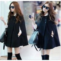 Trench Coat Women Cardigan Long Jacket Fashion Wool Winter Autumn Ponchos Black