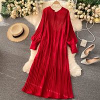 COD DSFGRDGHHHHH Chiffon Chic Drawstring Pleated Dresses O-neck Puff Sleeve Loose Beach Style Dress Solid Color Sweet Mid-length Vestidos