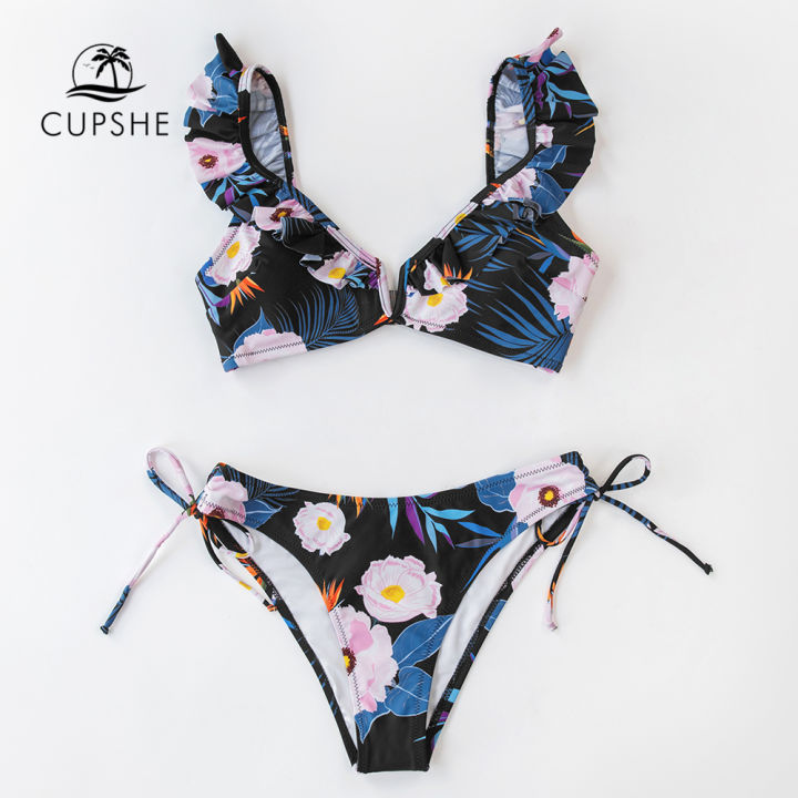 cupshe-black-floral-ruffled-v-neck-bikini-sets-swimsuit-women-y-lace-up-two-pieces-swimwear-new-girl-beach-bathing-suits
