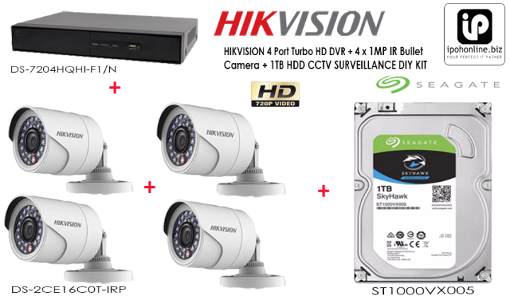 HIKVISION 4 Port Turbo HD DVR + 4 x 1MP IR Bullet Camera + 1TB HDD CCTV ...