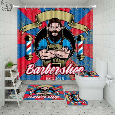 Vixm Retro Barbershop Bathroom Waterproof Shower Curtain Set Pedestal Rug Lid Carpet Toilet Cover Set Bath Curtain Mat Set