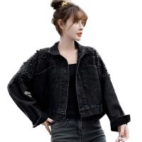 ZZOOI Spring And Autumn New Denim Jacket Womens Jacket Large Size Short Coat Loose Little Man Beaded Jeans Outwear Female