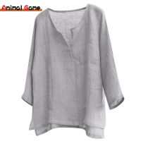 New Mens Linen Long Sleeve Plus Size Shirt Solid Color Casual Cotton Shirt V-neck Loose Tops S-5XL