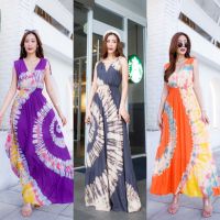 ส่งเร็ว! ? มัดย้อมใส่สวยปัง มาแล้วจร้าLinya Tie Dyed maxi   Maxi Dress ทรงคอวีแขนกุด ดีเทลน่ารัก ?.. ผูกรูดโบว์ช่วงบ่าได้เก๋ๆช่วงเอวแต่งสมอค ทำลายมัดย้